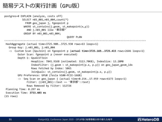 簡易テストの実行計画（GPU版）
PostgreSQL Conference Japan 2020 - GPUが拓く地理情報分析の新たな地平31
postgres=# EXPLAIN (analyze, costs off)
SELECT n03_001,n03_004,count(*)
FROM geo_japan j, fgeopoint p
WHERE st_contains(j.geom, st_makepoint(x,y))
AND j.n03_001 like '東京都’
GROUP BY n03_001,n03_004;
QUERY PLAN
-----------------------------------------------------------------------------------------------
HashAggregate (actual time=3725.900..3725.938 rows=63 loops=1)
Group Key: j.n03_001, j.n03_004
-> Custom Scan (GpuJoin) on fgeopoint p (actual time=3725.169..3725.415 rows=2646 loops=1)
Outer Scan: fgeopoint p (never executed)
Depth 1: GpuGiSTJoin
HeapSize: 7841.91KB (estimated: 3113.70KB), IndexSize: 13.28MB
IndexFilter: (j.geom ~ st_makepoint(p.x, p.y)) on geo_japan_geom_idx
Rows Fetched by Index: 5065
JoinQuals: st_contains(j.geom, st_makepoint(p.x, p.y))
GPU Preference: GPU0 (Tesla V100-PCIE-16GB)
-> Seq Scan on geo_japan j (actual time=0.154..17.959 rows=6173 loops=1)
Filter: ((n03_001)::text ~~ '東京都'::text)
Rows Removed by Filter: 112726
Planning Time: 0.297 ms
Execution Time: 3733.403 ms
(15 rows)
 
