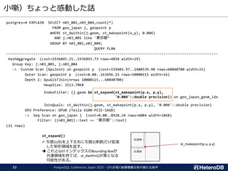 小噺）ちょっと感動した話
postgres=# EXPLAIN SELECT n03_001,n03_004,count(*)
FROM geo_japan j, geopoint p
WHERE st_dwithin(j.geom, st_makepoint(x,y), 0.004)
AND j.n03_001 like '東京都’
GROUP BY n03_001,n03_004;
QUERY PLAN
-----------------------------------------------------------------------------------------------------
HashAggregate (cost=1936845.15..1936893.73 rows=4858 width=29)
Group Key: j.n03_001, j.n03_004
-> Custom Scan (GpuJoin) on geopoint p (cost=159401.97..1480539.90 rows=60840700 width=21)
Outer Scan: geopoint p (cost=0.00..163696.15 rows=10000115 width=16)
Depth 1: GpuGiSTJoin(nrows 10000115...60840700)
HeapSize: 3113.70KB
IndexFilter: (j.geom && st_expand(st_makepoint(p.x, p.y),
'0.004'::double precision)) on geo_japan_geom_idx
JoinQuals: st_dwithin(j.geom, st_makepoint(p.x, p.y), '0.004'::double precision)
GPU Preference: GPU0 (Tesla V100-PCIE-16GB)
-> Seq Scan on geo_japan j (cost=0.00..8928.24 rows=6084 width=1868)
Filter: ((n03_001)::text ~~ '東京都'::text)
(11 rows)
PostgreSQL Conference Japan 2020 - GPUが拓く地理情報分析の新たな地平33
st_makepoint(p.x, p.y)
st_expand()
✓ 引数1(点)を上下左右に引数2(実数)だけ拡張
した矩形領域を返す。
➔ これとGiSTインデックスのBounding-Boxが
共通領域を持てば、st_dwithin()が真となる
可能性がある。
0.004
0.004
 