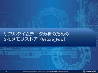 リアルタイムデータ分析のための
GPUメモリストア（Gstore_Fdw）
PostgreSQL Conference Japan 2020 - GPUが拓く地理情報分析の新たな地平34
 