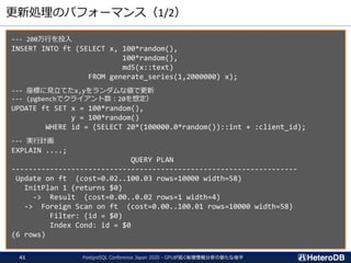 更新処理のパフォーマンス（1/2）
--- 200万行を投入
INSERT INTO ft (SELECT x, 100*random(),
100*random(),
md5(x::text)
FROM generate_series(1,2000000) x);
--- 座標に見立てたx,yをランダムな値で更新
--- (pgbenchでクライアント数：20を想定）
UPDATE ft SET x = 100*random(),
y = 100*random()
WHERE id = (SELECT 20*(100000.0*random())::int + :client_id);
--- 実行計画
EXPLAIN ....;
QUERY PLAN
-------------------------------------------------------------------
Update on ft (cost=0.02..100.03 rows=10000 width=58)
InitPlan 1 (returns $0)
-> Result (cost=0.00..0.02 rows=1 width=4)
-> Foreign Scan on ft (cost=0.00..100.01 rows=10000 width=58)
Filter: (id = $0)
Index Cond: id = $0
(6 rows)
PostgreSQL Conference Japan 2020 - GPUが拓く地理情報分析の新たな地平41
 