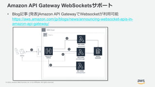 © 2020, Amazon Web Services, Inc. or its Affiliates. All rights reserved.
Amazon API Gateway WebSocketsサポート
• Blog記事 [発表]Amazon API GatewayでWebsocketが利用可能
https://aws.amazon.com/jp/blogs/news/announcing-websocket-apis-in-
amazon-api-gateway/
 