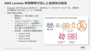 © 2020, Amazon Web Services, Inc. or its Affiliates. All rights reserved.
AWS Lambda 非同期呼び出しと送信先の設定
• Amazon S3やAmazon SNSなど、AWSのいくつかのサービスでは、関数を
非同期的に呼び出しイベントを処理
• 設定可能な項目
• 関数エラー時は最大２回
再試行
• スロットルエラー（429）、
システムエラー（500番代）
の場合はイベントをキューに
返し最大６時間再試行
• 成功時、失敗時の送信先指定
• Amazon SQS
• Amazon SNS
• AWS Lambda
• Amazon EventBridge
 