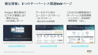 © 2020, Amazon Web Services, Inc. or its Affiliates. All rights reserved.
補足情報: 3つのサーバーレス関連Webページ
Project 責任者向け
ビジネス価値とは?
- 事例 Pickup
- IDC調査レポート
アーキテクト向け
ユースケースパターン
- 16 のパターン
- 組み合わせ活用例
これからの開発者向け
サーバーレス技術情報
- ハンズオン・技術資料
- 開発環境、Tips...
amzn.to/2UJT4bBamzn.to/2WeZ1xz amzn.to/2WeZuQl
 