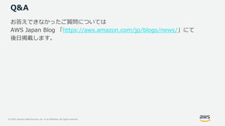 © 2020, Amazon Web Services, Inc. or its Affiliates. All rights reserved.
Q&A
お答えできなかったご質問については
AWS Japan Blog 「https://aws.amazon.com/jp/blogs/news/」にて
後日掲載します。
 