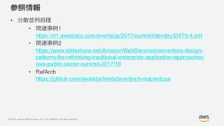 © 2020, Amazon Web Services, Inc. or its Affiliates. All rights reserved.
参照情報
• 分散並列処理
• 関連事例1
https://d1.awsstatic.com/events/jp/2017/summit/devday/D4T8-4.pdf
• 関連事例2
https://www.slideshare.net/AmazonWebServices/serverless-design-
patterns-for-rethinking-traditional-enterprise-application-approaches-
aws-public-sector-summit-2017/18
• RefArch
https://github.com/awslabs/lambda-refarch-mapreduce
 