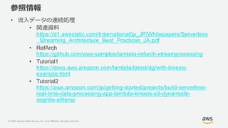 © 2020, Amazon Web Services, Inc. or its Affiliates. All rights reserved.
参照情報
• 流入データの連続処理
• 関連資料
https://d1.awsstatic.com/International/ja_JP/Whitepapers/Serverless
_Streaming_Architecture_Best_Practices_JA.pdf
• RefArch
https://github.com/aws-samples/lambda-refarch-streamprocessing
• Tutorial1
https://docs.aws.amazon.com/lambda/latest/dg/with-kinesis-
example.html
• Tutorial2
https://aws.amazon.com/jp/getting-started/projects/build-serverless-
real-time-data-processing-app-lambda-kinesis-s3-dynamodb-
cognito-athena/
 