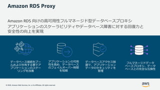 © 2020, Amazon Web Services, Inc. or its Affiliates. All rights reserved.
Amazon RDS Proxy
Amazon RDS 向けの高可用性フルマネージド型データベー...