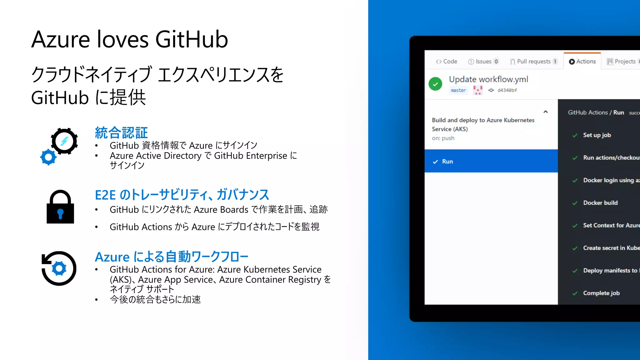 • GitHub 資格情報で Azure にサインイン
• Azure Active Directory で GitHub Enterprise に
サインイン
• GitHub にリンクされた Azure Boards で作業を計画、追跡
• GitHub Actions から Azure にデプロイされたコードを監視
• GitHub Actions for Azure: Azure Kubernetes Service
(AKS)、Azure App Service、Azure Container Registry を
ネイティブ サポート
• 今後の統合もさらに加速
 