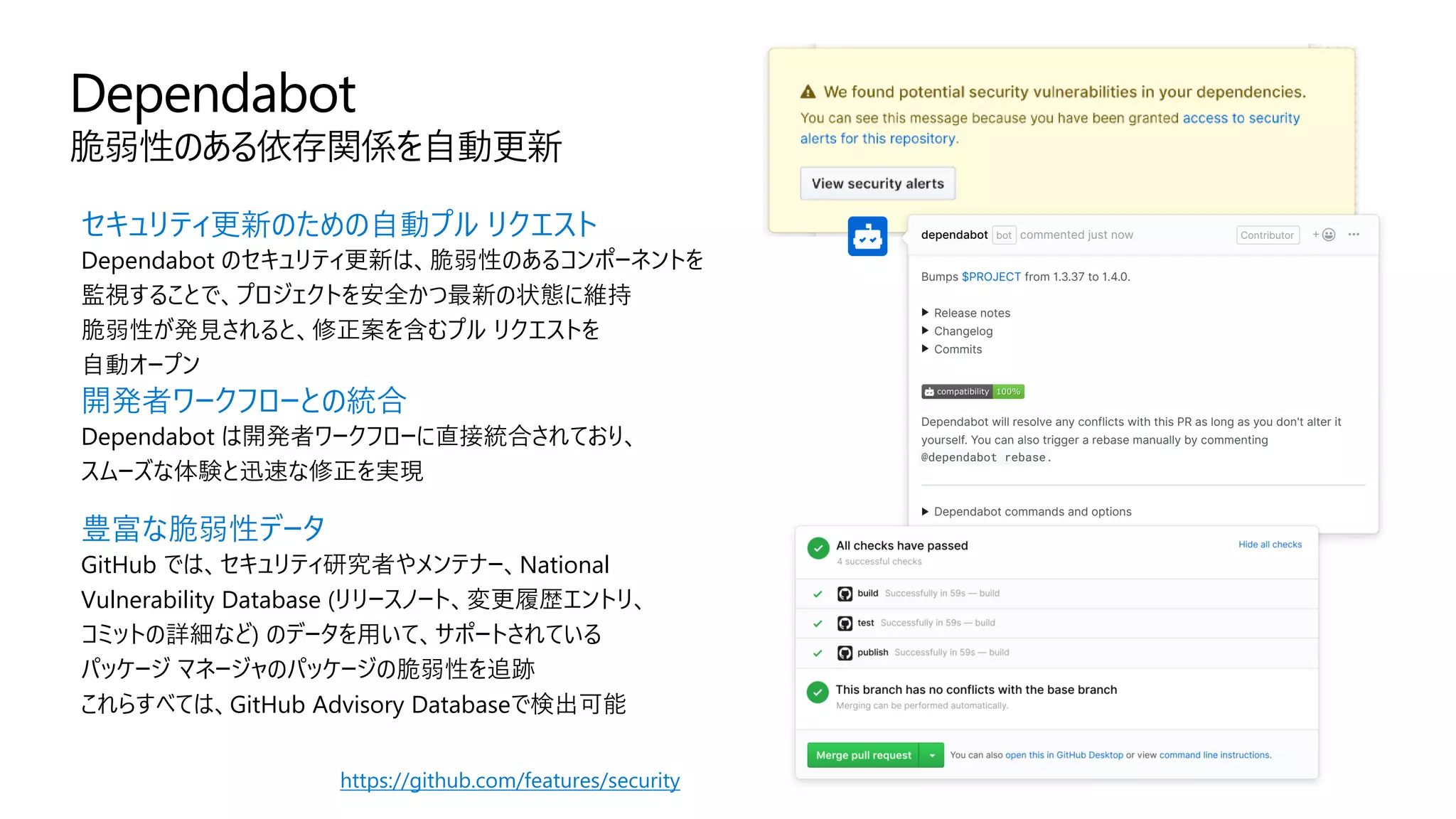 Dependabot
脆弱性のある依存関係を自動更新
セキュリティ更新のための自動プル リクエスト
Dependabot のセキュリティ更新は、脆弱性のあるコンポーネントを
監視することで、プロジェクトを安全かつ最新の状態に維持
脆弱性が発見されると、修正案を含むプル リクエストを
自動オープン
開発者ワークフローとの統合
Dependabot は開発者ワークフローに直接統合されており、
スムーズな体験と迅速な修正を実現
豊富な脆弱性データ
GitHub では、セキュリティ研究者やメンテナー、National
Vulnerability Database (リリースノート、変更履歴エントリ、
コミットの詳細など) のデータを用いて、サポートされている
パッケージ マネージャのパッケージの脆弱性を追跡
これらすべては、GitHub Advisory Databaseで検出可能
https://github.com/features/security
 