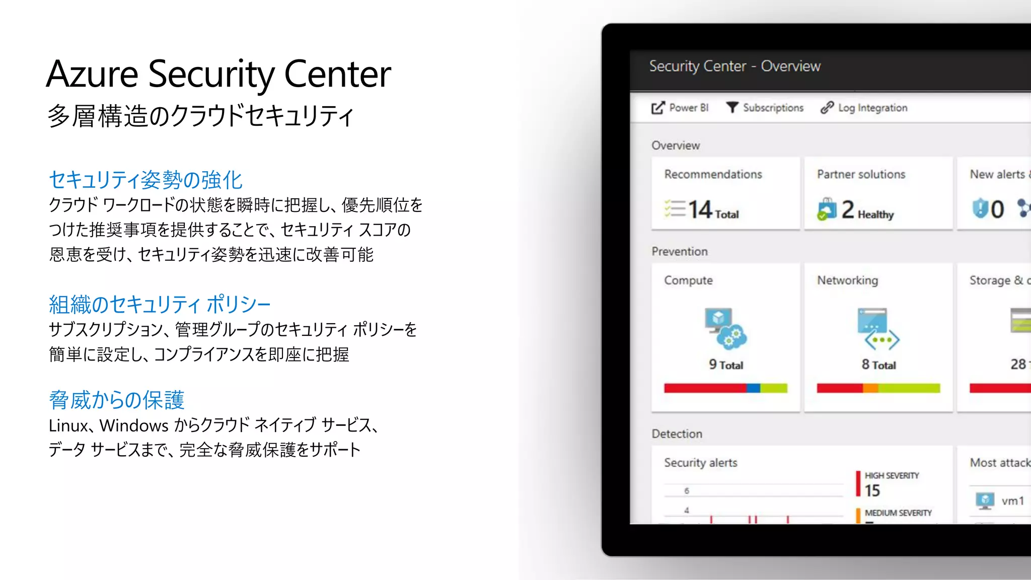 Azure Security Center
多層構造のクラウドセキュリティ
セキュリティ姿勢の強化
クラウド ワークロードの状態を瞬時に把握し、優先順位を
つけた推奨事項を提供することで、セキュリティ スコアの
恩恵を受け、セキュリティ姿勢を迅速に改善可能
組織のセキュリティ ポリシー
サブスクリプション、管理グループのセキュリティ ポリシーを
簡単に設定し、コンプライアンスを即座に把握
脅威からの保護
Linux、Windows からクラウド ネイティブ サービス、
データ サービスまで、完全な脅威保護をサポート
 