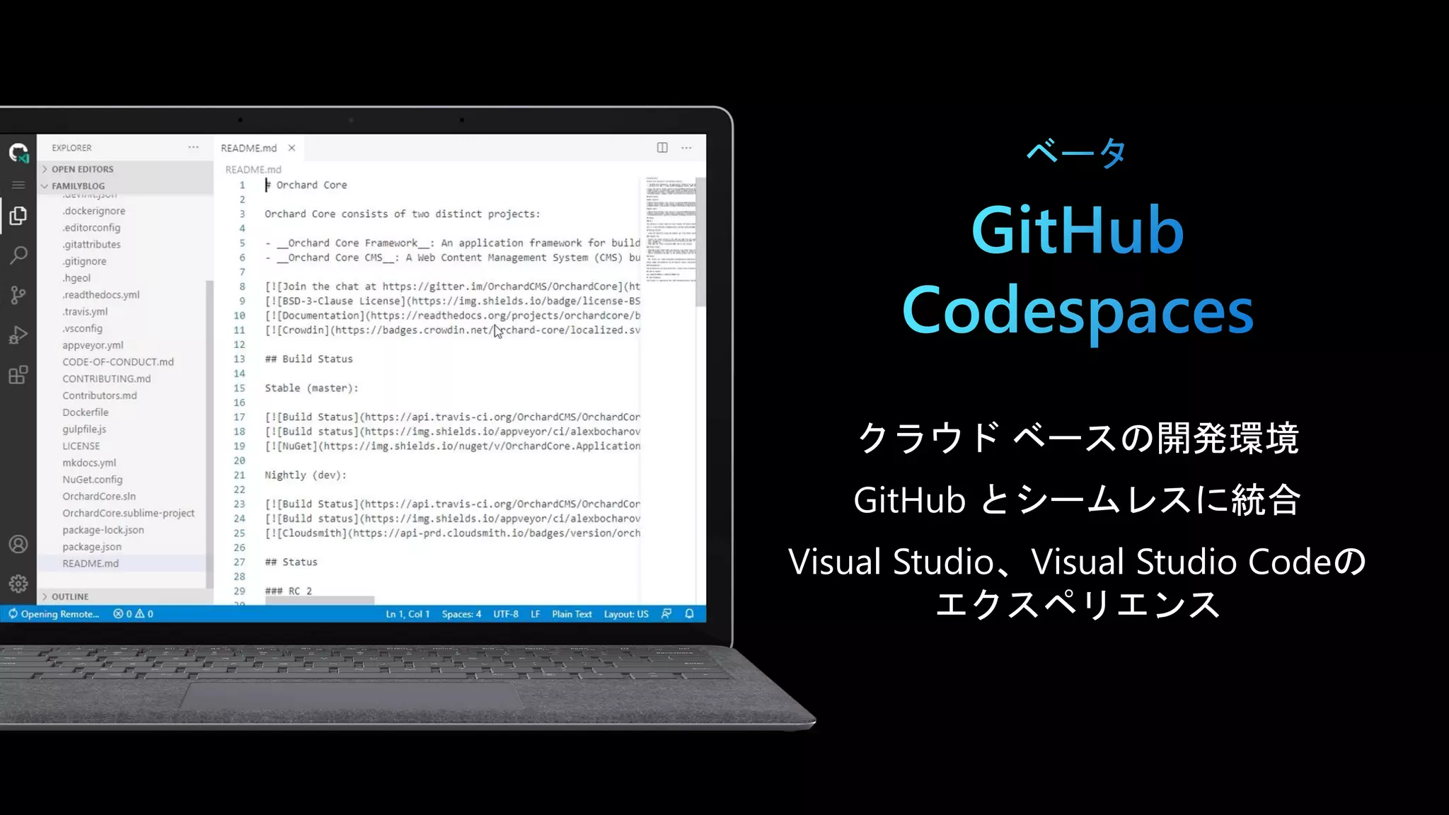 クラウド ベースの開発環境
GitHub とシームレスに統合
Visual Studio、Visual Studio Codeの
エクスペリエンス
 