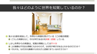 我々はどのように世界を知覚しているのか︖
¤ 我々は5感を経由して，外界から刺激を受けている（この場合視覚）
¤ こうした刺激を元に，それが何であるかを知覚（認識）している．
¤ しかし外界からの刺激は，知覚の情報としては不⼗分
¤ 上の画像は不完全な情報にもかかわらず，なぜ机や椅⼦があるとわかるのだろうか︖
¤ そもそも，なぜ2次元画像から3次元だと認識できているのだろうか︖
22
 