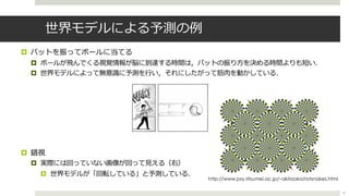 世界モデルによる予測の例
¤ バットを振ってボールに当てる
¤ ボールが⾶んでくる視覚情報が脳に到達する時間は，バットの振り⽅を決める時間よりも短い．
¤ 世界モデルによって無意識に予測を⾏い，それにしたがって筋⾁を動かしている．
¤ 錯視
¤ 実際には回っていない画像が回って⾒える（右）
¤ 世界モデルが「回転している」と予測している．
http://www.psy.ritsumei.ac.jp/~akitaoka/rotsnakes.html
27
 