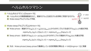 ヘルムホルツマシン
¤ ヘルムホルツマシン[Dayan+ 95]
¤ ヘルムホルツの無意識推論を元に，推論モデルと⽣成モデルを同時に学習するモデル．
¤ Wake-sleepアルゴリズムで学習．
¤ Wake-sleepアルゴリズム[Hinton+ 95]
¤ Wake phase︓推論モデル𝑞" 𝑥, 𝑧 = 𝑞" 𝑧 𝑥 ̂𝑝#$%$(𝑥)からのサンプルで⽣成モデル𝑝! 𝑥, 𝑧 を最尤学習．
¤ Sleep phase︓⽣成モデル𝑝! 𝑥, 𝑧 = 𝑝 𝑧 𝑝!(𝑥|𝑧)からのサンプルで推論モデル𝑞" 𝑧 𝑥 を最尤学習．
¤ ⽋点︓Wake phaseとsleep phaseで最適化している⽬的関数が異なる -> VAE[Kingma+ 13]に発展
𝑥
𝑧
𝑞!(𝑧|𝑥) 𝑥 ~ 𝑝"(𝑥|𝑧)
𝑧 ~ 𝑝(𝑧)
argmin! 𝐷&'(𝑞" 𝑥, 𝑧 ||𝑝! 𝑥, 𝑧 ) = argmax! 𝐸(, ),+ [log 𝑝! 𝑥, 𝑧 ]
argmin" 𝐷&'(𝑝! 𝑥, 𝑧 ||𝑞" 𝑥, 𝑧 ) = argmax" 𝐸,- ),+ [log 𝑞" 𝑥, 𝑧 ]
30
 