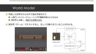 World Model
¤ 学習した世界モデルの中で強化学習を⾏う
¤ ⼈間でいうイメージトレーニングや睡眠学習のようなもの
¤ 実世界とは違い，何回でも学習できる．
¤ 実世界（ゲーム）でテストすると，正しく⾏動できていることがわかる．
42
 