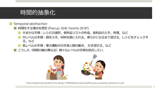 時間的抽象化
¤ Temporal abstraction
¤ 料理をする場合を想定 [Precup, DLRL Toronto 2018*]
¤ ⼤まかな⼿順︓レシピの選択，⾷料品リストの作成，⾷料品の⼊⼿，料理，など
¤ 中レベルの⼿順︓鍋を⼊⼿，材料を鍋に⼊れる，滑らかになるまで混ぜる，レシピをチェックす
る，など
¤ 低レベルの⼿順︓⾞の運転中の⼿⾸と腕の動き， かき混ぜる，など
¤ こうした（時間の幅の異なる）様々なレベルの⼿順を統合したい．
* http://videolectures.net/site/normal_dl/tag=1199094/DLRLsummerschool2018_precup_temporal_abstraction_01.pdf
48
 