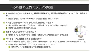 その他の世界モデルの課題
¤ 3つの領域（GQNと世界モデル，構造的世界モデル，時系列世界モデル）をどのように融合する
か︖
¤ 融合する場合，どのようなモデル・⽬的関数を設計すればいいか︖
¤ 不完全な世界モデルの中でどのように振る舞うべきか︖
¤ 我々の世界モデルは常に「不完全」（世界の全てを知っているわけではない）
¤ 世界モデルの活⽤と更新のバランス．
¤ 他者をどのようにモデル化するか︖
¤ 環境のダイナミクスの中から「他者」を特定して，内部的にモデル化するには︖
¤ マルチモーダル情報をどのように扱うか︖
¤ 我々は視覚だけでなく，⾔語など様々な種類の情報（マルチモーダル情報）から世界を構築している．
¤ あるモダリティから別のモダリティを⽣成することもできる．
¤ 別のモダリティの⽣成によって表現獲得が加速する．
[Shi+ 19]
57
 