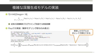 複雑な深層⽣成モデルの実装
¤ TD-VAE[Gregor+ 18]
¤ 従来の深層確率プログラミング⾔語では実装困難
¤ Pixyzでの実装（確率モデリング部分のみ表⽰）
60
E
q(zt1 ,zt2 |bt1 ,bt2 )
[log p (xt2 |zt2 ) + log pB (zt1 |bt1 ) + log p (zt2 |zt1 ) log pB (zt2 |bt2 ) log q (zt1 |zt2 , bt1 , bt2 )]
<latexit sha1_base64="6RhHIi8IQtIi6ez2digkBHP4zjY=">AAADrnichVHLbtNAFL2ueZTwaAobJDYWUVERJRpHSK1YVUVIXfZB0kpxZHncSTLq+IE9iWgG/wA/wIIVSAghFnwEG36gi25gjVgWiQ0Lrh8orgtlLM+9c+acM/fO0FDwWBJypM3o585fuDh7qXb5ytVrc/X56504GEUua7uBCKJd6sRMcJ+1JZeC7YYRczwq2A7df5Tu74xZFPPAfyIPQtbznIHP+9x1JEL2vLZujfw9JDCpnlqC9eXixFbSVmaSLBl52koS47lBpzD9A1sRHwzl3URZniOHlKrHiKUmXUsEAyPMDZ+VXCYV6b2caKu1pHJ6+ciT5DKx7Dol3v+7a7mRVoVcbb5c69JZzRt57Nn1BmmSbBinE7NIGlCMjaD+DizYgwBcGIEHDHyQmAtwIMavCyYQCBHrgUIswoxn+wwSqKF2hCyGDAfRfZwHuOoWqI/r1DPO1C6eIvCPUGnAAjkk78kx+Uw+kG/k1z+9VOaR1nKAkeZaFtpzL25u//yvysMoYThVnVmzhD6sZLVyrD3MkLQLN9ePJy+Ptx9uLag75A35jvW/JkfkE3bgj3+4bzfZ1iuo4QOY1es+nXRaTZM0zc0HjdW14ilm4RbchkW872VYhXXYgDa42kftUPuifdWJ3tF7up1TZ7RCcwNODH34G3CkCLY=</latexit><latexit sha1_base64="6RhHIi8IQtIi6ez2digkBHP4zjY=">AAADrnichVHLbtNAFL2ueZTwaAobJDYWUVERJRpHSK1YVUVIXfZB0kpxZHncSTLq+IE9iWgG/wA/wIIVSAghFnwEG36gi25gjVgWiQ0Lrh8orgtlLM+9c+acM/fO0FDwWBJypM3o585fuDh7qXb5ytVrc/X56504GEUua7uBCKJd6sRMcJ+1JZeC7YYRczwq2A7df5Tu74xZFPPAfyIPQtbznIHP+9x1JEL2vLZujfw9JDCpnlqC9eXixFbSVmaSLBl52koS47lBpzD9A1sRHwzl3URZniOHlKrHiKUmXUsEAyPMDZ+VXCYV6b2caKu1pHJ6+ciT5DKx7Dol3v+7a7mRVoVcbb5c69JZzRt57Nn1BmmSbBinE7NIGlCMjaD+DizYgwBcGIEHDHyQmAtwIMavCyYQCBHrgUIswoxn+wwSqKF2hCyGDAfRfZwHuOoWqI/r1DPO1C6eIvCPUGnAAjkk78kx+Uw+kG/k1z+9VOaR1nKAkeZaFtpzL25u//yvysMoYThVnVmzhD6sZLVyrD3MkLQLN9ePJy+Ptx9uLag75A35jvW/JkfkE3bgj3+4bzfZ1iuo4QOY1es+nXRaTZM0zc0HjdW14ilm4RbchkW872VYhXXYgDa42kftUPuifdWJ3tF7up1TZ7RCcwNODH34G3CkCLY=</latexit><latexit sha1_base64="6RhHIi8IQtIi6ez2digkBHP4zjY=">AAADrnichVHLbtNAFL2ueZTwaAobJDYWUVERJRpHSK1YVUVIXfZB0kpxZHncSTLq+IE9iWgG/wA/wIIVSAghFnwEG36gi25gjVgWiQ0Lrh8orgtlLM+9c+acM/fO0FDwWBJypM3o585fuDh7qXb5ytVrc/X56504GEUua7uBCKJd6sRMcJ+1JZeC7YYRczwq2A7df5Tu74xZFPPAfyIPQtbznIHP+9x1JEL2vLZujfw9JDCpnlqC9eXixFbSVmaSLBl52koS47lBpzD9A1sRHwzl3URZniOHlKrHiKUmXUsEAyPMDZ+VXCYV6b2caKu1pHJ6+ciT5DKx7Dol3v+7a7mRVoVcbb5c69JZzRt57Nn1BmmSbBinE7NIGlCMjaD+DizYgwBcGIEHDHyQmAtwIMavCyYQCBHrgUIswoxn+wwSqKF2hCyGDAfRfZwHuOoWqI/r1DPO1C6eIvCPUGnAAjkk78kx+Uw+kG/k1z+9VOaR1nKAkeZaFtpzL25u//yvysMoYThVnVmzhD6sZLVyrD3MkLQLN9ePJy+Ptx9uLag75A35jvW/JkfkE3bgj3+4bzfZ1iuo4QOY1es+nXRaTZM0zc0HjdW14ilm4RbchkW872VYhXXYgDa42kftUPuifdWJ3tF7up1TZ7RCcwNODH34G3CkCLY=</latexit><latexit sha1_base64="6RhHIi8IQtIi6ez2digkBHP4zjY=">AAADrnichVHLbtNAFL2ueZTwaAobJDYWUVERJRpHSK1YVUVIXfZB0kpxZHncSTLq+IE9iWgG/wA/wIIVSAghFnwEG36gi25gjVgWiQ0Lrh8orgtlLM+9c+acM/fO0FDwWBJypM3o585fuDh7qXb5ytVrc/X56504GEUua7uBCKJd6sRMcJ+1JZeC7YYRczwq2A7df5Tu74xZFPPAfyIPQtbznIHP+9x1JEL2vLZujfw9JDCpnlqC9eXixFbSVmaSLBl52koS47lBpzD9A1sRHwzl3URZniOHlKrHiKUmXUsEAyPMDZ+VXCYV6b2caKu1pHJ6+ciT5DKx7Dol3v+7a7mRVoVcbb5c69JZzRt57Nn1BmmSbBinE7NIGlCMjaD+DizYgwBcGIEHDHyQmAtwIMavCyYQCBHrgUIswoxn+wwSqKF2hCyGDAfRfZwHuOoWqI/r1DPO1C6eIvCPUGnAAjkk78kx+Uw+kG/k1z+9VOaR1nKAkeZaFtpzL25u//yvysMoYThVnVmzhD6sZLVyrD3MkLQLN9ePJy+Ptx9uLag75A35jvW/JkfkE3bgj3+4bzfZ1iuo4QOY1es+nXRaTZM0zc0HjdW14ilm4RbchkW872VYhXXYgDa42kftUPuifdWJ3tF7up1TZ7RCcwNODH34G3CkCLY=</latexit>
実装したモデルは
式として可視化できる
 