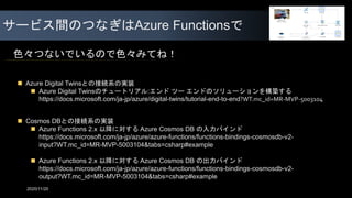 サービス間のつなぎはAzure Functionsで
色々つないでいるので色々みてね！
 Cosmos DBとの接続系の実装
 Azure Functions 2.x 以降に対する Azure Cosmos DB の入力バインド
https://docs.microsoft.com/ja-jp/azure/azure-functions/functions-bindings-cosmosdb-v2-
input?WT.mc_id=MR-MVP-5003104&tabs=csharp#example
 Azure Functions 2.x 以降に対する Azure Cosmos DB の出力バインド
https://docs.microsoft.com/ja-jp/azure/azure-functions/functions-bindings-cosmosdb-v2-
output?WT.mc_id=MR-MVP-5003104&tabs=csharp#example
 Azure Digital Twinsとの接続系の実装
 Azure Digital Twinsのチュートリアル:エンド ツー エンドのソリューションを構築する
https://docs.microsoft.com/ja-jp/azure/digital-twins/tutorial-end-to-end?WT.mc_id=MR-MVP-5003104
2020/11/20
 