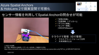 Azure Spatial Anchors
& HoloLens 2で現実空間で可視化
「空間の特徴」
「位置情報（=アンカー)」
「デジタル情報」
「センサー情報」
（Wifi/GPS/Beacon）
クラウドで管理（IDで管理）
 クロスプラットフォームで活用
 共有体験の土台
センサー情報を利用してSpatial Anchorの問合せが可能
この辺りを参考
C# で粗い再局在化を使用してアンカーを作成して配置する方法
https://docs.microsoft.com/ja-jp/azure/spatial-anchors/how-tos/set-up-coarse-reloc-unity?WT.mc_id=MR-MVP-5003104
2020/11/20
 