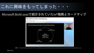 これに興味をもってしまった・・・
引用元：「Microsoft Buile 2020:Microsoft IoT Vision and Roadmap」https://mybuild.microsoft.com/sessions/007295e3-c677-488c-b5df-6dad2a0f90cc,May 21 2020
Microsoft Build 2020で紹介されていたIoT戦略とロードマップ
2020/11/20
 