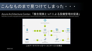 こんなものまで見つけてしまった・・・
Azure Architecture Center:「複合現実と IoT による設備管理の促進」
https://docs.microsoft.com/ja-jp/azure/architecture/solution-ideas/articles/facilities-management-powered-by-mixed-reality-and-iot?WT.mc_id=MR-MVP-5003104
このアーキテクチャをベースにサービスを構成
1
2
3
45
6
7
7
8
9
2020/11/20
 