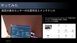やってみた
確認対象のセンサーの位置特定とメンテナンス
 Azure Spatial Anchorsによるセンサー位置の特定
 センサー/作業情報を取得し可視化
 メンテナンスの報告
2020/11/20
 