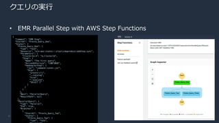 © 2020, Amazon Web Services, Inc. or its Affiliates.
クエリの実⾏
• EMR Parallel Step with AWS Step Functions
{
"Comment": "EMR Step",
"StartAt": "Presto_Query_One",
"States": {
"Presto_Query_One": {
"Type": "Task",
"Resource": "arn:aws:states:::elasticmapreduce:addStep.sync",
"Parameters": {
"ClusterId.$": "$.ClusterId",
"Step": {
"Name": "The first query",
"ActionOnFailure": "CONTINUE",
"HadoopJarStep": {
"Jar": "command-runner.jar",
"Args": [
"presto-cli",
"--catalog",
"hive",
"--execute",
"SELECT 1"
]
}
}
},
"Next": "ParallelQuery",
"ResultPath": null
},
"ParallelQuery": {
"Type": "Parallel",
"End": true,
"Branches": [
{
"StartAt": "Presto_Query_Two",
"States": {
"Presto_Query_Two": {
"Type": "Task",
 