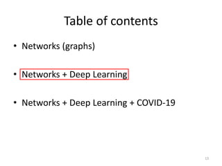 Table of contents
• Networks (graphs)
• Networks + Deep Learning
• Networks + Deep Learning + COVID-19
13
 