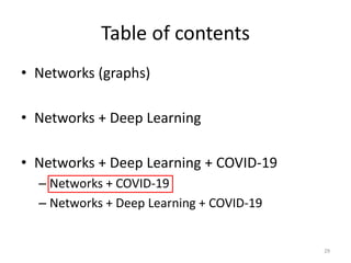 Table of contents
• Networks (graphs)
• Networks + Deep Learning
• Networks + Deep Learning + COVID-19
– Networks + COVID-19
– Networks + Deep Learning + COVID-19
29
 