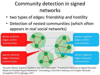 Community detection in signed
networks
8
• two types of edges: friendship and hostility
• Detection of nested communities (which often
appears in real social networks)
Tsuyoshi Murata, Takahiko Sugihara, and Talel Abdessalem, "Community Detection in Signed Networks
Based on Extended Signed Modularity", Proceedings of the 8th Conference on Complex Networks
(CompleNet 2017), Springer, 2017.
 