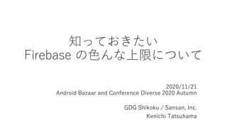 知っておきたい
Firebase の⾊んな上限について
2020/11/21
Android Bazaar and Conference Diverse 2020 Autumn
GDG Shikoku / Sansan, Inc.
Kenichi Tatsuhama
 