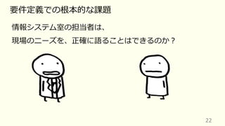 22
要件定義での根本的な課題
情報システム室の担当者は、
現場のニーズを、正確に語ることはできるのか︖
 