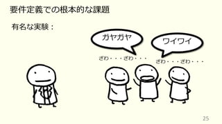 25
要件定義での根本的な課題
有名な実験︓
ガヤガヤ
ワイワイ
ざわ・・・ざわ・・・
ざわ・・・ざわ・・・
 