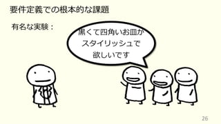 26
要件定義での根本的な課題
有名な実験︓
⿊くて四⾓いお⽫が
スタイリッシュで
欲しいです
 