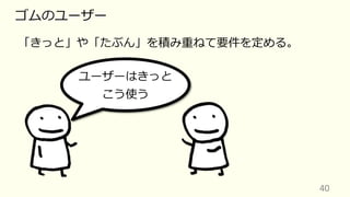 40
ゴムのユーザー
「きっと」や「たぶん」を積み重ねて要件を定める。
ユーザーはきっと
こう使う
 
