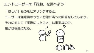 54
エンドユーザーの「⾏動」を調べよう
「ほしい」ものをヒアリングすると、
ユーザーは無意識のうちに想像に寄った回答をしてしまう。
それに対して「実際にしたこと」は事実なので、
確かな根拠になる。
 
