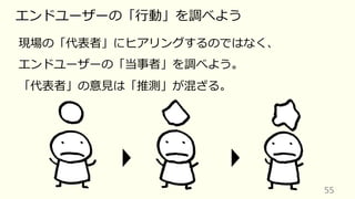 55
エンドユーザーの「⾏動」を調べよう
現場の「代表者」にヒアリングするのではなく、
エンドユーザーの「当事者」を調べよう。
「代表者」の意⾒は「推測」が混ざる。
 