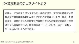 6
DX認定制度のウェブサイトより
企業は、ビジネスとITシステムを⼀体的に捉え、デジタル技術による
社会及び競争環境の変化が⾃社にもたらす影響（リスク・機会）を踏
まえた、経営ビジョンの策定及び経営ビジョンの実現に向けたビジネ
スモデルの設計を⾏い、価値創造ストーリーとして、ステークホル
ダーに⽰していくべきである。
引⽤: https://www.ipa.go.jp/files/000086670.pdf
 
