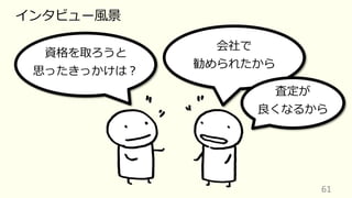 61
資格を取ろうと
思ったきっかけは︖
会社で
勧められたから
査定が
良くなるから
インタビュー⾵景
 