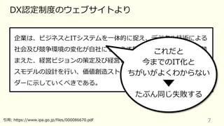 7
DX認定制度のウェブサイトより
企業は、ビジネスとITシステムを⼀体的に捉え、デジタル技術による
社会及び競争環境の変化が⾃社にもたらす影響（リスク・機会）を踏
まえた、経営ビジョンの策定及び経営ビジョンの実現に向けたビジネ
スモデルの設計を⾏い、価値創造ストーリーとして、ステークホル
ダーに⽰していくべきである。
引⽤: https://www.ipa.go.jp/files/000086670.pdf
これだと
今までのIT化と
ちがいがよくわからない
たぶん同じ失敗する
 