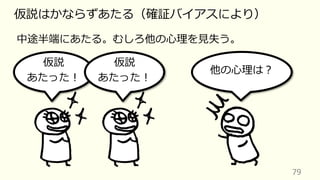 79
仮説はかならずあたる（確証バイアスにより）
中途半端にあたる。むしろ他の⼼理を⾒失う。
仮説
あたった︕
他の⼼理は︖
仮説
あたった︕
 