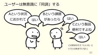 82
ユーザーは無意識に「同調」する
Aという状況
におかれて はい
Bという課題
があったら はい
Cという製品
便利ですよね
はい
この訊きかたで「いいえ」と
いう⼈はあまりいない。
 
