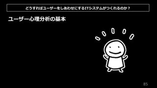 85
ユーザー⼼理分析の基本
どうすればユーザーをしあわせにするITシステムがつくれるのか︖
 