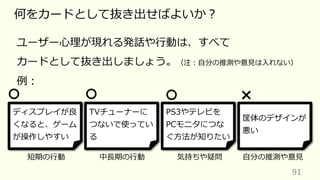 91
何をカードとして抜き出せばよいか︖
ユーザー⼼理が現れる発話や⾏動は、すべて
カードとして抜き出しましょう。（注︓⾃分の推測や意⾒は⼊れない）
例︓
ディスプレイが良
くなると、ゲーム
が操作しやすい
TVチューナーに
つないで使ってい
る
筐体のデザインが
悪い
PS3やテレビを
PCモニタにつな
ぐ⽅法が知りたい
短期の⾏動 中⻑期の⾏動 気持ちや疑問 ⾃分の推測や意⾒
 