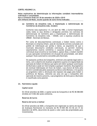 CORTEL HOLDING S.A.
Grupo Cortel
Relatório da Administração referente as Demonstrações Financeiras Combinadas 3TRI 2020
Resultado Financeiro (em milhares)
O resultado financeiro foi negativo em R$ 1.452 no exercício social encerrado em 30 de setembro
de 2020 e negativo em R$ 1.055 no exercício encerrado em 30 de setembro de 2019.
Declaração da Diretoria Estatutária
Em cumprimento às disposições constantes no artigo 25 da Instrução CVM 480, os Diretores da
Companhia declaram que discutiram, revisaram e concordaram com a opinião expressa no
relatório de auditoria da BDO RCS Auditores Independentes - Sociedade Simples sobre as
demonstrações financeiras relativas aos exercícios sociais encerrados em 30 de setembro de
2020 e 2019.
Relacionamento com Auditor Independente
Ao longo do exercício de 2020, a Companhia utilizou os serviços de auditoria independente da
BDO RCS Auditores Independentes - Sociedade Simples para realizar auditoria e emitir relatório
de auditoria sobre as demonstrações financeiras da Companhia. A administração da Companhia
informa que não contratou o auditor independente em serviços de consultoria que possam gerar
conflitos de interesse ou de independência.
11
183
 