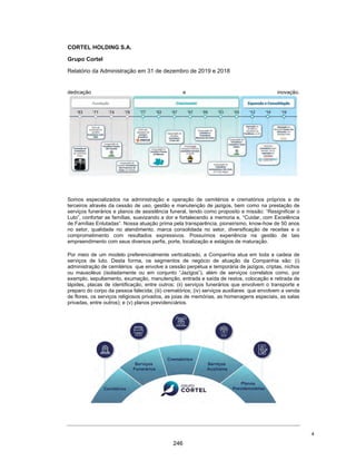 CORTEL HOLDING S.A.
Notas explicativas da Administração às informações contábeis intermediárias
individuais e consolidadas
Para o trimestre findo em 30 de setembro de 2020 e 2019
(Em milhares de Reais, exceto quando de outra forma indicado)
Adicionalmente, (i) em relação aos serviços efetivamente prestados pelo
empreendimento oriundos da comercialização antecipada do Plano
Previdenciário de Cremação (“PPC”), a Sociedade Cemitérios da
Comunidade São José faz jus a 7,5% do custo de cada tipo de serviço
prestado, tais como cremação, capela velatória, serviço funerário, cessão
perpétua de niho ou cessão temporária de unidade de sepultamento; e (ii)
em relação aos serviços funerários, realizados pelo serviço funerário do
empreendimento, a Sociedade Cemitérios da Comunidade São José, faz
jus a 7,5% da receita bruta dos serviços correspondentes, tais como
fornecimento de ataúde, remoção, preparação e higienização do corpo,
tanatopraxia, fornecimento de vestuário, documentação e atendimento a
família nos primeiros 35 anos da concessão e 10% nos 15 anos
subsequentes.
ƒ Cemitério Parque Jardim São Vicente e Cortel Implantação e
Administração de Cemitérios e Crematórios Ltda.
A Companhia, por meio da Cortel S.A, sucedida por Cortel Implantação e
Administração de Cemitérios e Crematórios Ltda., firmou com a
Conferência Vicentina São Luiz Gonzaga (atualmente denominado Lar
Vicentino Dr. Décio Rosa), contrato para desenvolvimento do Cemitério
Parque Jardim São Vicente, em Canoas/RS, para construção,
administração e manutenção da necrópole. A Companhia é coproprietária
do cemitério em conjunto com a Conferência Vicentina São Luiz Gonzaga.
A Companhia é responsável pela construção, administração,
comercialização de unidades de sepultamento, manutenção das
dependências externas do empreendimento, bem como a prestação de
todo e qualquer serviço oferecido ao público, serviços funerários e de
cremação. O Lar Vicentino Dr. Décio Rosa faz jus a 8% das receitas brutas
das operações de (i) cessões perpétuas; (ii) prestação de serviços de
cremação a partir da data em que o referido empreendimento passe a
oferecer este serviço. Após o término do recebimento de todas as parcelas
de cessões perpétuas o Lar Vicentino Dr. Décio Rosa fará jus ao percentual
de 8% sobre os serviços de locação a termo, locação de capelas, taxas de
abertura e de sepultamento, exumações e remoções, bem como 1% sobre
o preço à vista dos serviços prestados diretamente pelo Cemitério São
Vicente para atendimento dos beneficiários dos planos denominados Ser
Previdente.
27
199
 