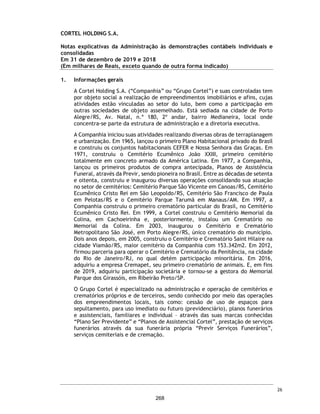 CORTEL
HOLDING
S.A.
Notas
explicativas
da
Administração
às
informações
contábeis
intermediárias
individuais
e
consolidadas
Para
o
trimestre
findo
em
30
de
setembro
de
2020
e
2019
(Em
milhares
de
Reais,
exceto
quando
de
outra
forma
indicado)
13.
Imobilizado
Não
possuímos
nenhum
ativo
imobilizado
dado
em
garantia
de
empréstimos
e
financiamentos,
processos
judiciais
tributários
ou
quaisquer
outras
dívidas.
Imóveis
e
M
áquinas
e
Móveis
e
Benfeitorias
Imob.
Em
Total
Custo
Terrenos
Edificações
Equipamentos
Utensílios
Veículos
Imov.
Terc.
Andamento
Em
31
de
dezembro
de
2018
(Consolidado)
1.485
11.609
2.079
405
90
984
1.357
18.009
Adições
-
52
269
67
-
-
-
388
Baixas
-
-
(3)
-
(49)
-
(690)
(742)
Reclassificações/Transferências
-
115
313
53
-
176
(657)
-
Despesas
de
depreciação
no
exercicio
-
(577)
(378)
(82)
-
(65)
-
(1.102)
Em
31
de
dezembro
de
2019
(Consolidado)
1.485
11.199
2.280
443
41
1.095
10
16.553
Adições
-
381
-
-
-
130
511
Baixas
-
(117)
(592)
-
-
-
-
(709)
Reclassificações/Transferências
-
-
-
10
-
-
(10)
-
Despesas
de
depreciação
no
exercicio
-
(186)
(204)
(88)
(7)
(27)
-
(512)
Em
30
de
setembro
de
2020
(Consolidado)
1.485
11.277
1.484
365
34
1.198
-
15.843
Custo
Histórico
em
31
de
dezembro
de
2019
(Consolidado)
1.485
15.942
6.060
1.648
1.268
1.321
10
27.734
Depreciação
Acumulada
em
31
de
dezembro
de
2019
(Consolidado)
-
(4.743)
(3.780)
(1.205)
(1.227)
(226)
-
(11.181)
Saldo
Residual
em
31
de
dezembro
de
2019
(Consolidado)
1.485
11.199
2.280
443
41
1.095
10
16.553
Custo
Histórico
em
30
de
setembro
de
2020
(Consolidado)
1.485
15.834
5.136
1.545
1.268
1.397
26.665
Depreciação
acumulada
em
30
de
setembro
de
2020
(Consolidado)
-
(4.557)
(3.652)
(1.180)
(1.234)
(199)
-
(10.822)
Saldo
Residual
em
30
de
setembro
de
2020
(Consolidado)
1.485
11.277
1.484
365
34
1.198
-
15.843
Taxas
médias
de
depreciação
-
2019
(Consolidado)
-
4%
10%
10%
20%
4%
-
Taxas
médias
de
depreciação
-
2020
(Consolidado)
-
4%
10%
10%
20%
4%
-
49
221
 