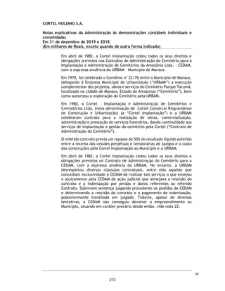 CORTEL HOLDING S.A.
Notas explicativas da Administração às informações contábeis intermediárias
individuais e consolidadas
Para o trimestre findo em 30 de setembro de 2020 e 2019
(Em milhares de Reais, exceto quando de outra forma indicado)
19. Outros valores a pagar
Obrigações por aquisição de investimentos
O saldo de obrigações por aquisição de investimentos refere-se à aquisição das
empresas Corrientes Participações Societárias e WMRP, conforme nota 1.4.
Participações a pagar
As despesas com participações a pagar, referem-se aos repasses decorrentes
das obrigações contratuais de operações em cemitérios de terceiros, conforme
notas explicativas 1.4 e 3.11. Essas provisões encontram-se registradas em
contrapartida do custo dos serviços.
20. Impostos e contribuições diferidas
Descrição 30/09/2020 31/12/2019 30/09/2020 31/12/2019
Obrigação por aquisição de Investimentos 6.270 8.444 7.886 10.724
Adiantamento de Clientes - - 752 557
Participações a Pagar - - 541 522
Outros Valores a Pagar - - 743 813
6.270 8.444 9.922 12.616
Circulante 3.367 3.166 5.672 5.281
Não Circulante 2.903 5.278 4.250 7.335
6.270 8.444 9.922 12.616
Controladora Consolidado
Descrição 30/09/2020 31/12/2019 30/09/2020 31/12/2019
IRPJ sobre AVJ - - 16.694 12.423
CSLL sobre AVJ - - 6.042 4.509
- - 22.736 16.932
Controladora Consolidado
53
225
 