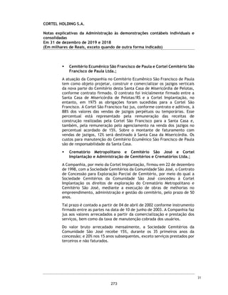 CORTEL HOLDING S.A.
Notas explicativas da Administração às informações contábeis intermediárias
individuais e consolidadas
Para o trimestre findo em 30 de setembro de 2020 e 2019
(Em milhares de Reais, exceto quando de outra forma indicado)
21. Obrigação a pagar por planos
Plano familiar Previr
A Previr – Serviços Funerários, possui permissão do Município de Porto Alegre
para operar tais serviços. A permissão vencerá no dia 23 de novembro de 2020.
Contudo, em 22 de outubro de 2020, a Previr já protocolizou o pedido de
renovação.
As obrigações registradas referem-se aos serviços a serem entregues aos
associados pela aquisição de planos funerários vendidos no período de 1978 a
1982. Os valores estão sendo atualizados com base em cálculos atuariais,
mensurados por avaliadores independentes.
Trata-se de prestação de serviços pelo qual a Cortel assume compromissos
futuros que dependem do comportamento de variáveis aleatórias, portanto, o
valor presente do passivo, deve ser estimado atuarialmente.
Em 30 de setembro de 2020 existiam categorias de plano vigentes, com
beneficiários vivos, cujas condições constam dos contratos individuais
subscritos entre o contratante e a Companhia.
Anualmente, a Companhia realiza a atualização dos planos funerários presentes
de atendimento, através de cálculo atuarial e reconhece os efeitos dessa
atualização no resultado.
Premissas Atuariais
O valor calculado para a provisão, incluindo todos os planos vigentes, foi de
R$4.534 mil. Esse valor corresponde a “reserva matemática de serviços a
conceder”, calculado com a fórmula clássica de valor presente líquido de
compromissos.
Descrição 30/09/2020 31/12/2019 30/09/2020 31/12/2019
Plano Familiar Previr - - 4.534 4.535
Serviços a Prestar - - 6.441 3.089
Plano Ser Previdente - - 1.458 356
- - 12.433 7.980
Controladora Consolidado
Principais premissas 2020 2019
Taxa de desconto - Atuarial 6% 6%
Tabua de mortalidade AT2000 AT2000
Plano Previr
54
226
 